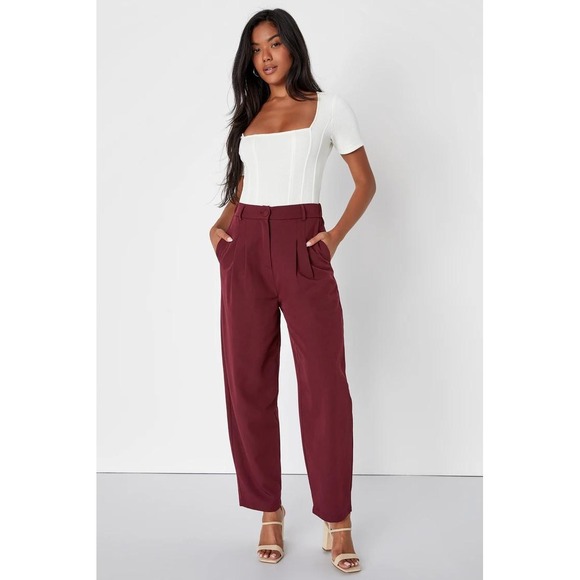 NWT NEW Lulu's Posh Company Burgundy Pleated High-Waisted Trouser Pants Small‎ - Picture 1 of 6